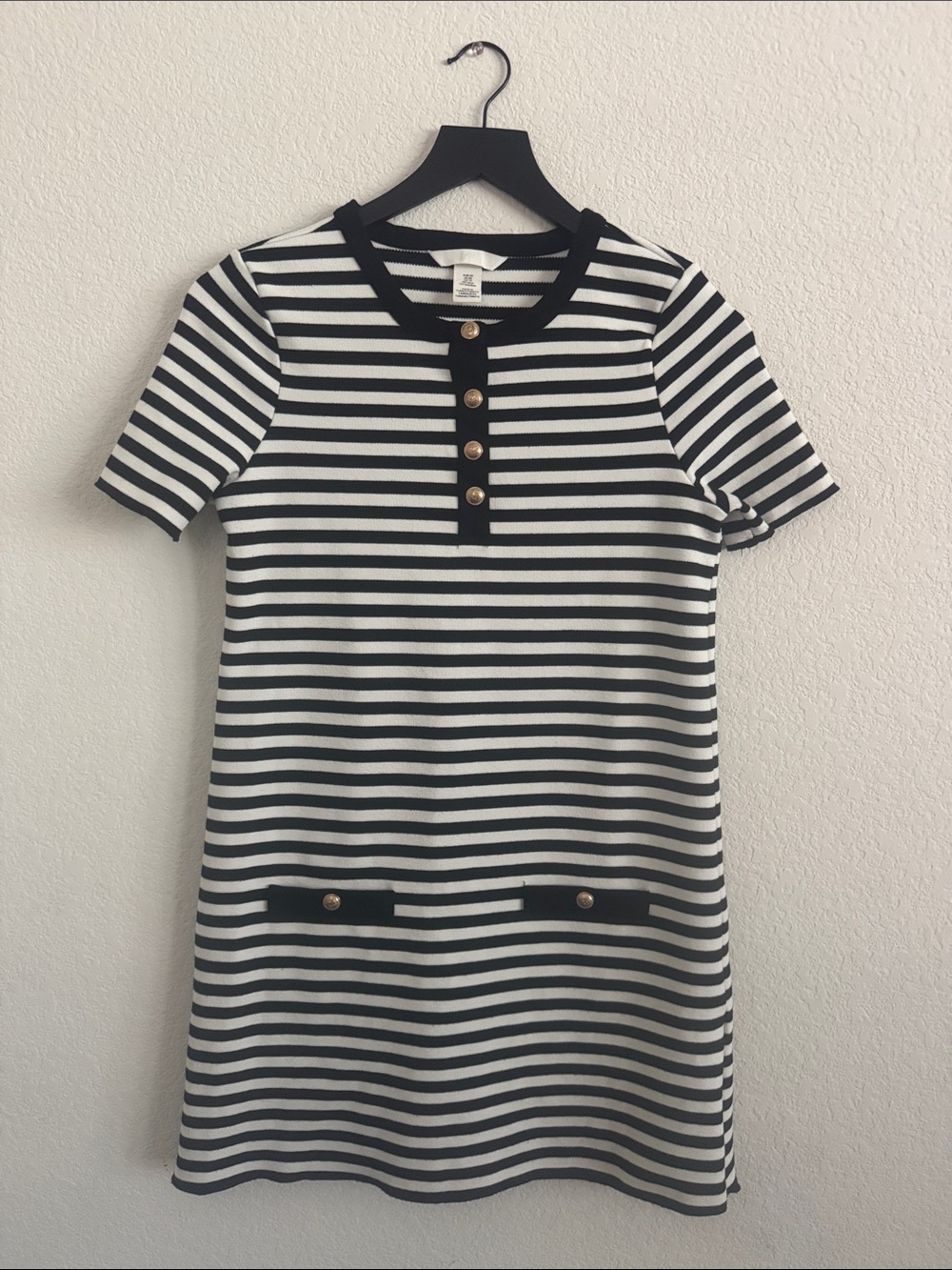 H&M Black & White Striped Short-Sleeve Mini Dress with Gold Buttons